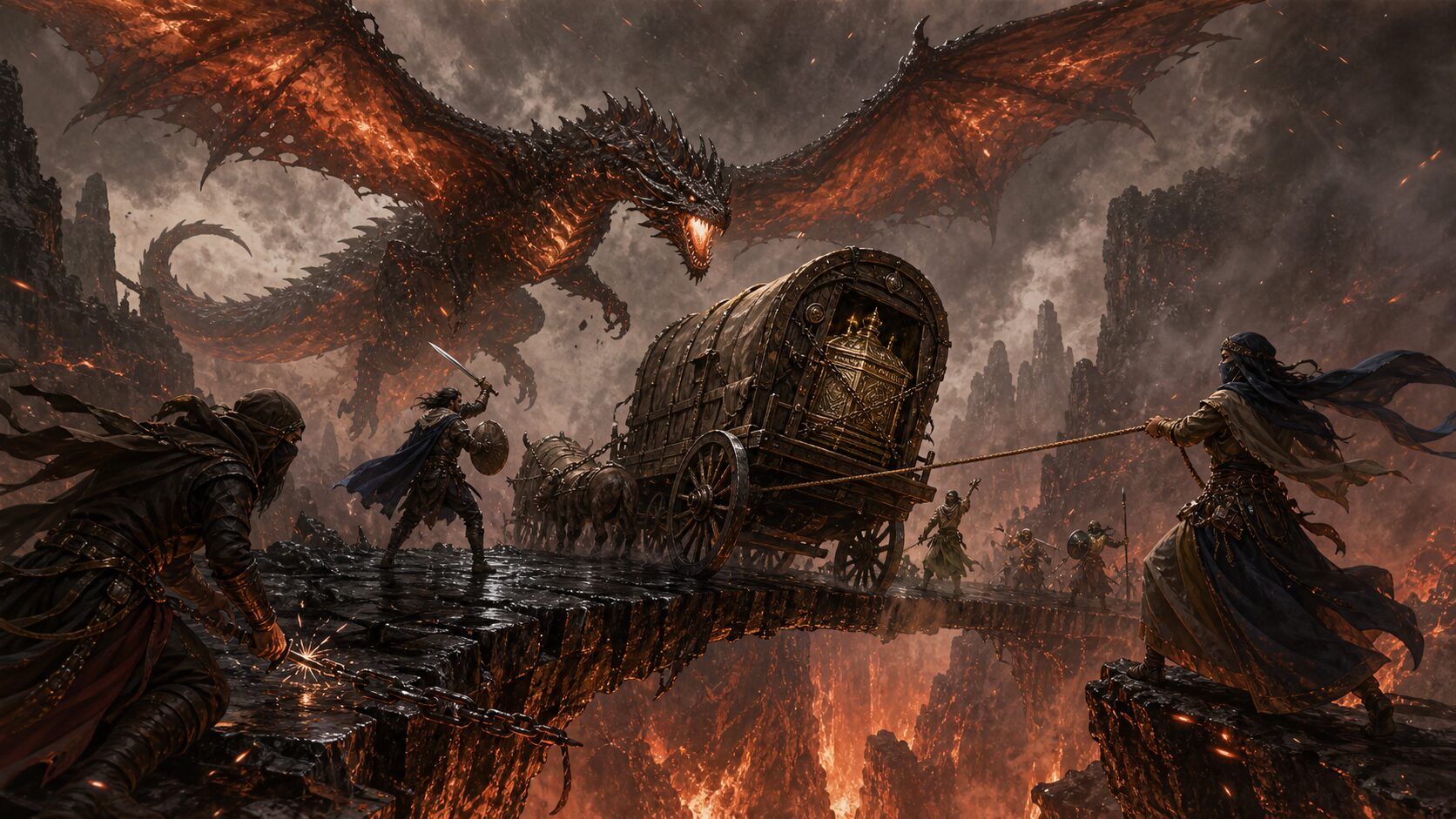 Adventurers rescue a reliquary wagon teetering on a volcanic glass bridge while an ember drake attacks through an ash storm.