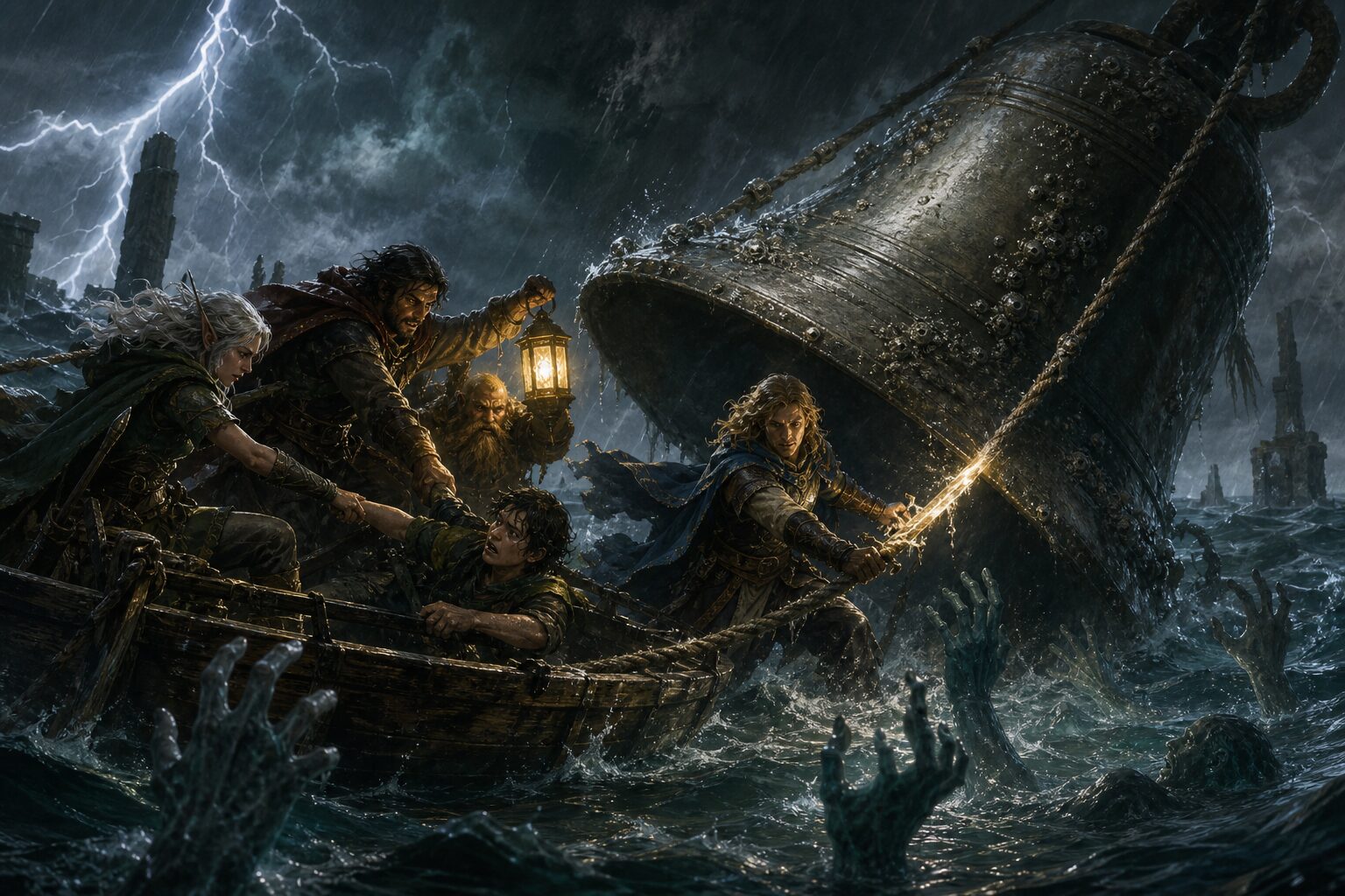 Adventurers rescue a fisher and cut the bell rope as drowned hands rise from Blackwater Lagoon during a lightning storm.