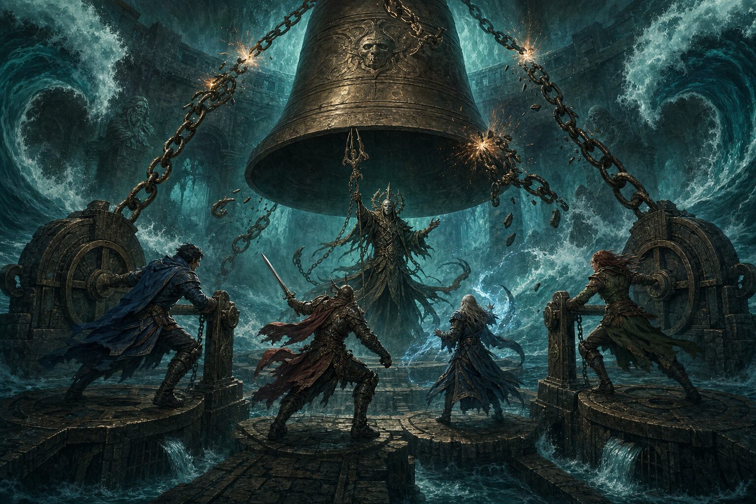 Adventurers operate floodgates and break three chains while confronting Precentor Vael beneath the Drowned Bell.