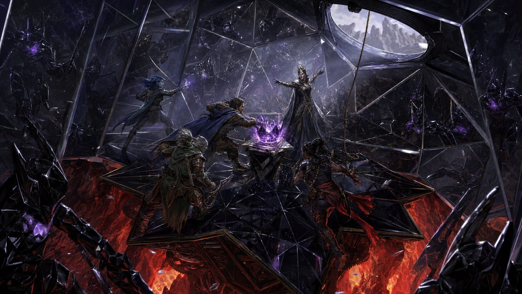 Adventurers seize a glowing crown shard inside a rotating crystal vault while Curator Veyl commands obsidian sentinels.