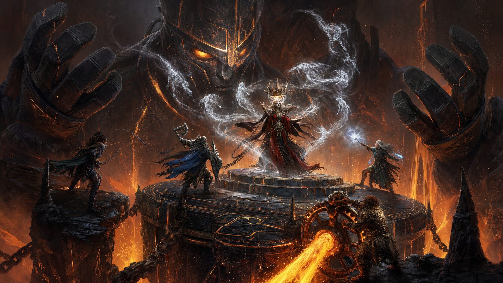 Adventurers confront Sister Caldra wearing the Ashfall Crown while ash spirits spiral around a colossal basalt guardian and a hero opens a magma sluice.
