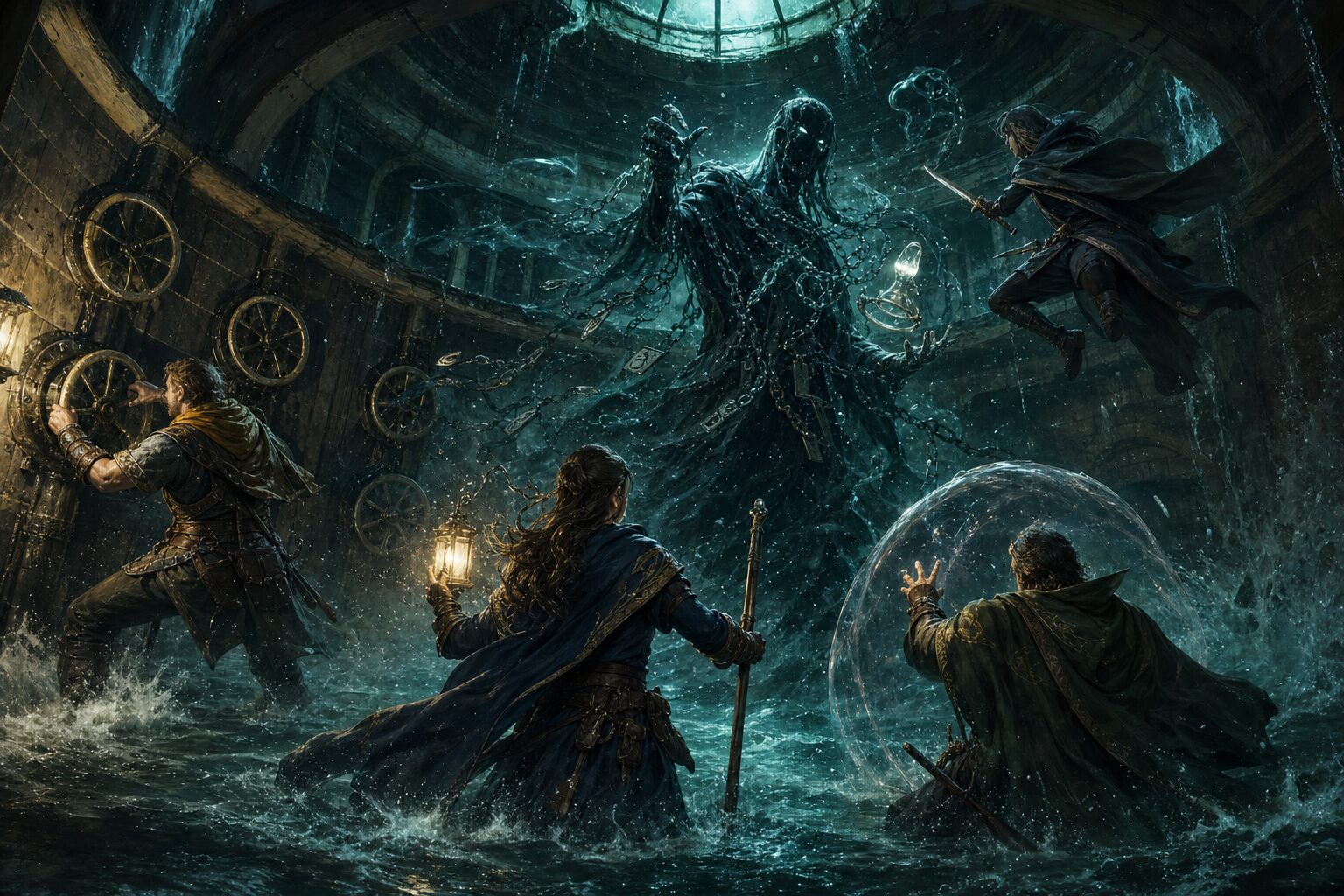 Adventurers turn brass valves and protect a glass key while fighting the chain-wrapped Drowned Curator in a rapidly flooding circular cistern.