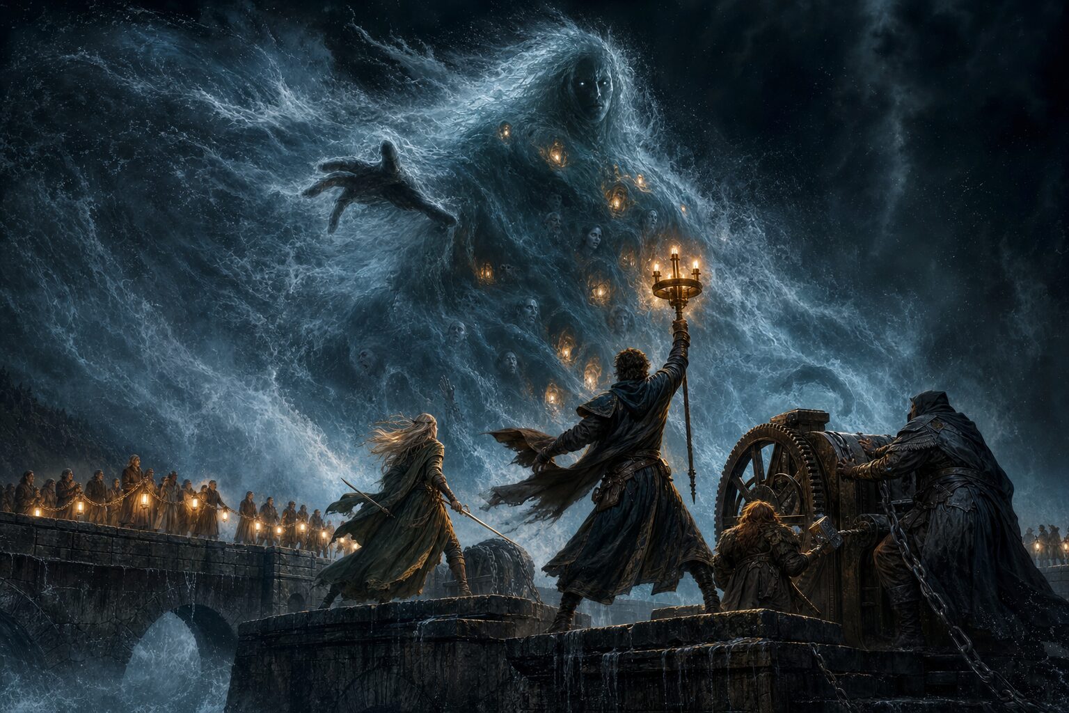 Adventurers raise a four-wicked beacon and open a dam gate while confronting a colossal human-shaped wave filled with lanterns and remembered faces.