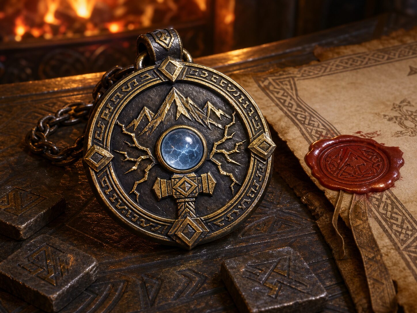 A black-iron and gold dwarven medallion with a calm blue stormglass center rests beside a sealed clan accord.