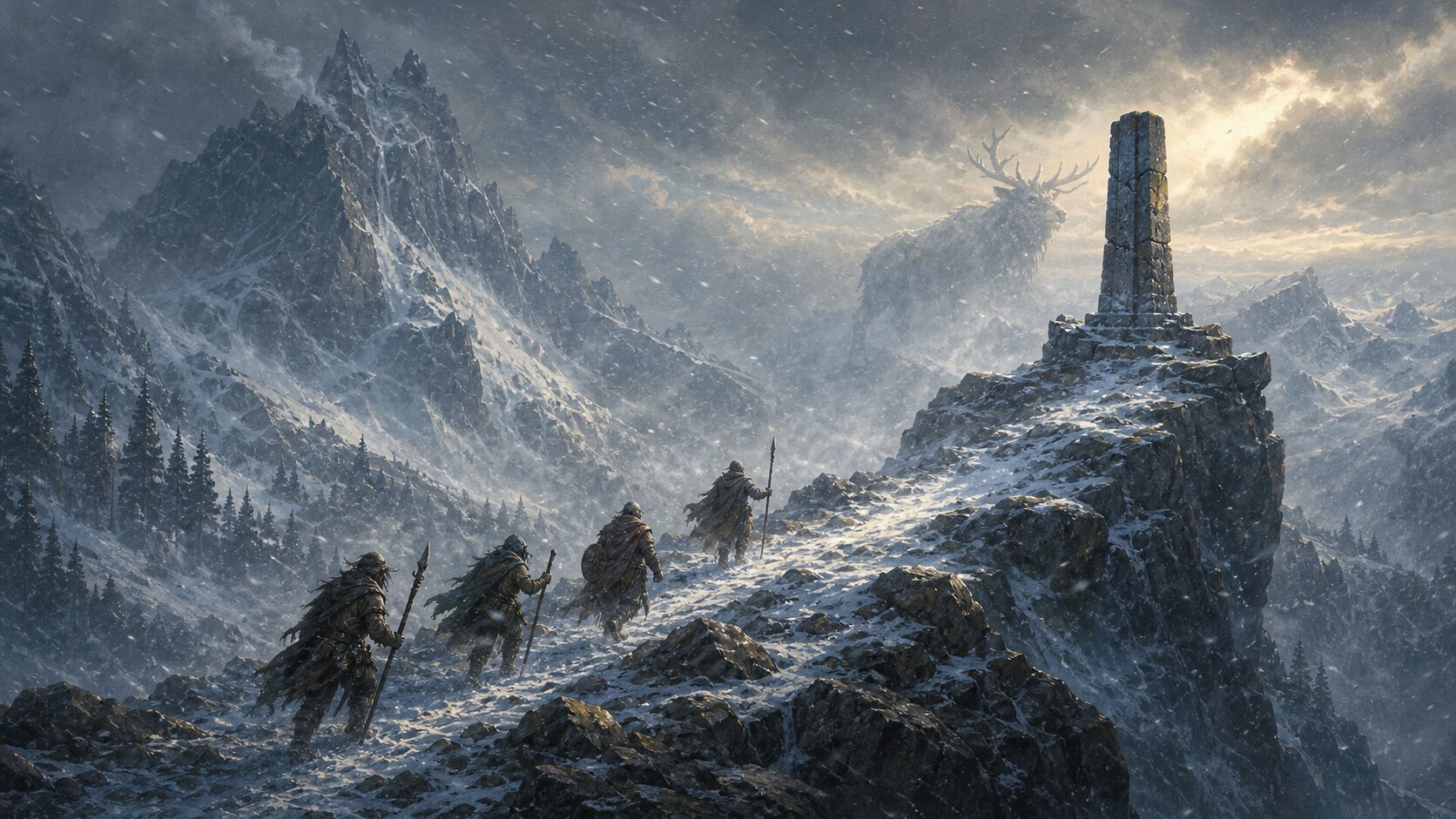 Adventurers climb a snowy mountain trail toward an ancient stone beacon while the spectral Rimehorn looms in the blizzard.