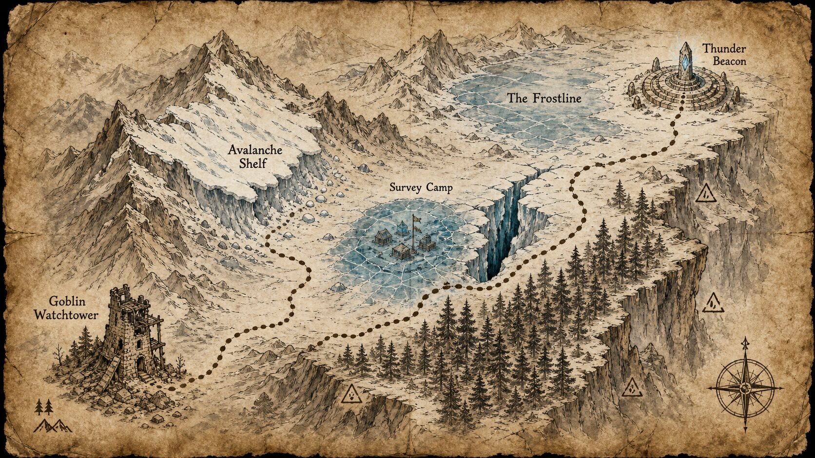 Parchment map showing the route from the Goblin Watchtower across the Avalanche Shelf and Survey Camp to the Thunder Beacon.