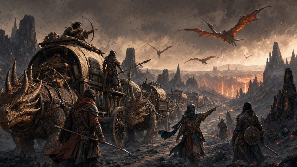 A fortified caravan crosses a black volcanic desert as adventurers watch ember-winged predators circle over a lava-lit canyon.