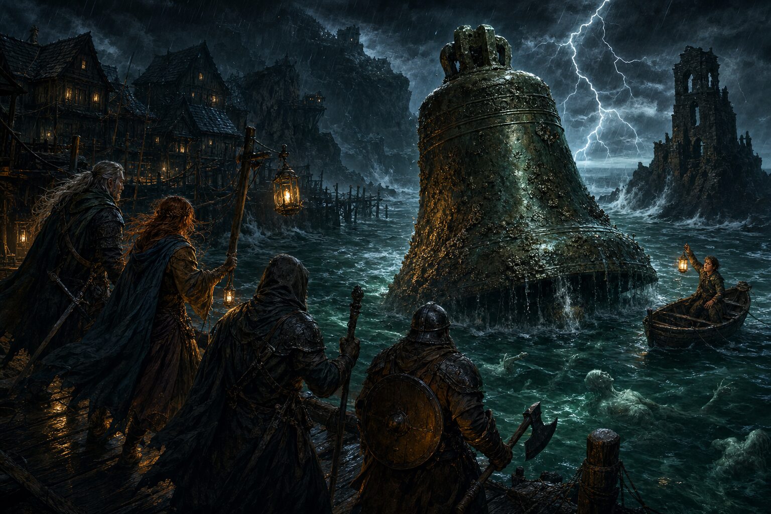 Adventurers watch a barnacled bronze bell rise from stormy Blackwater Lagoon while a stranded fisher signals from a skiff.