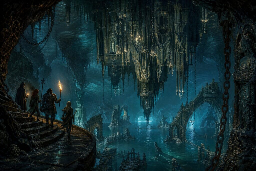 Adventurers descend into a tidal cavern where a drowned gothic abbey hangs upside down above rising seawater.