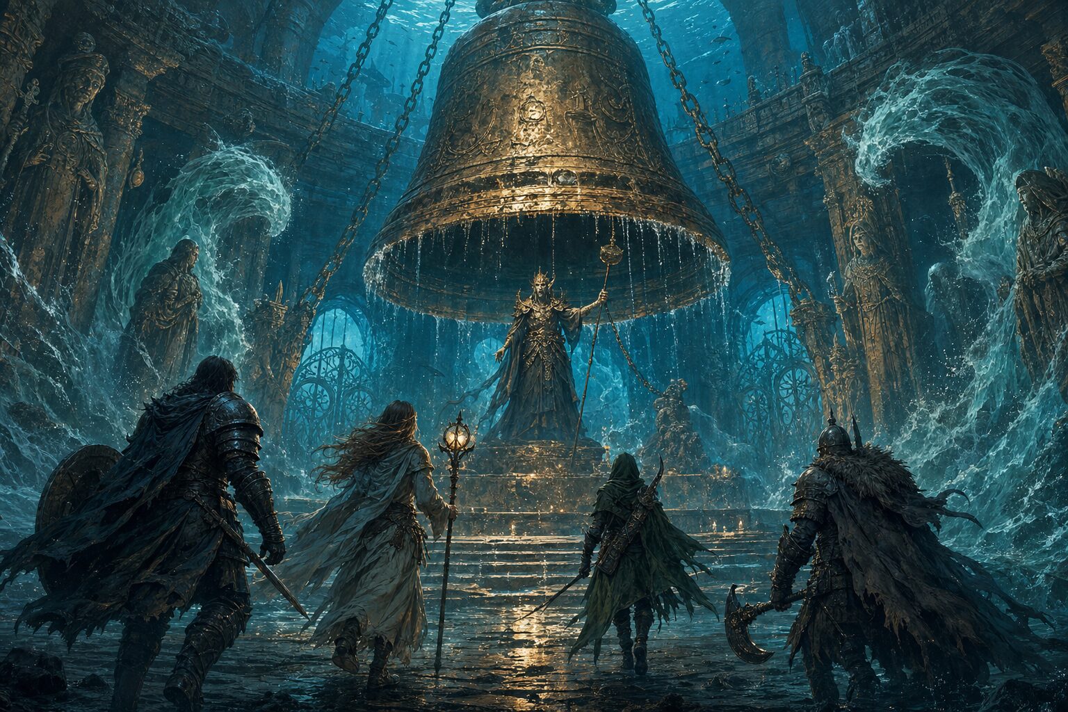 Adventurers enter a circular flooded ritual vault where a masked priest stands beneath a colossal suspended bell.