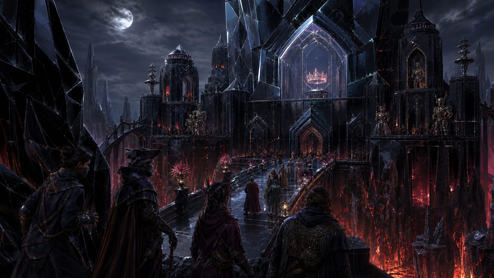 Disguised adventurers approach a moonlit obsidian museum fortress across a ceremonial bridge while a crown fragment glows in its high vault.