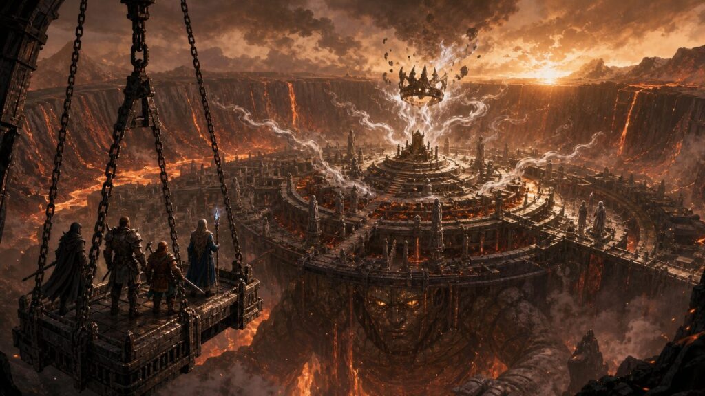 Adventurers descend by chain lift toward a concentric ruined city inside a hollow volcano as a broken crown assembles above its throne.