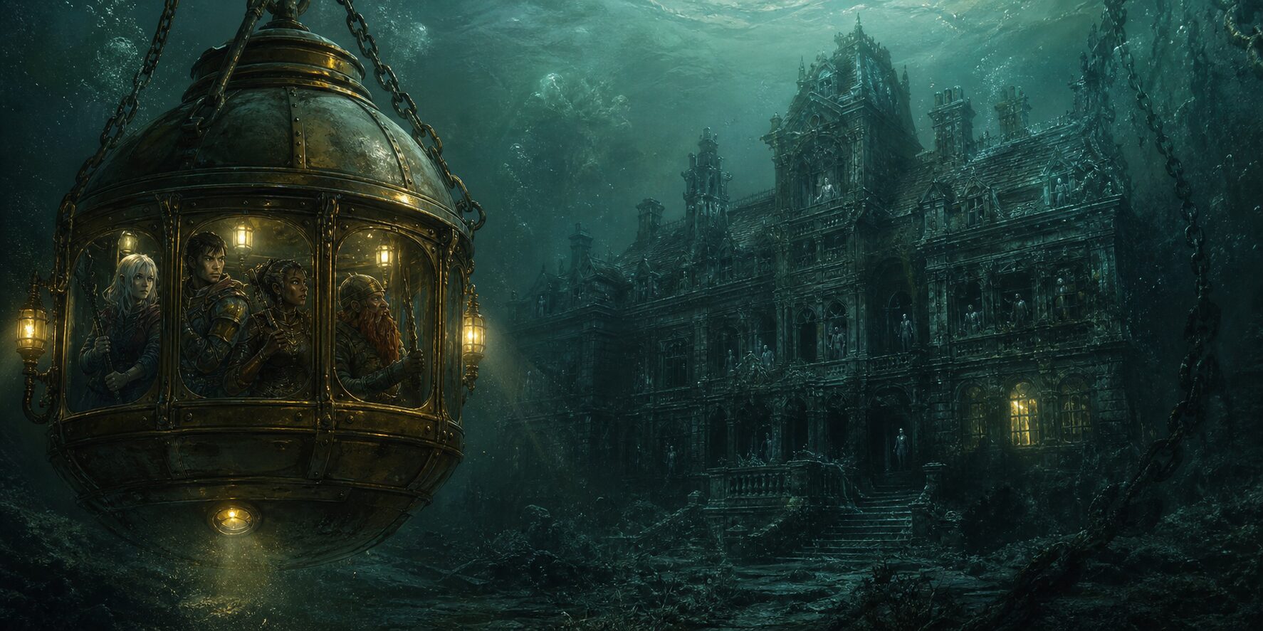 Four adventurers descend in a brass diving bell toward a drowned gothic manor where pale figures watch from shattered windows.