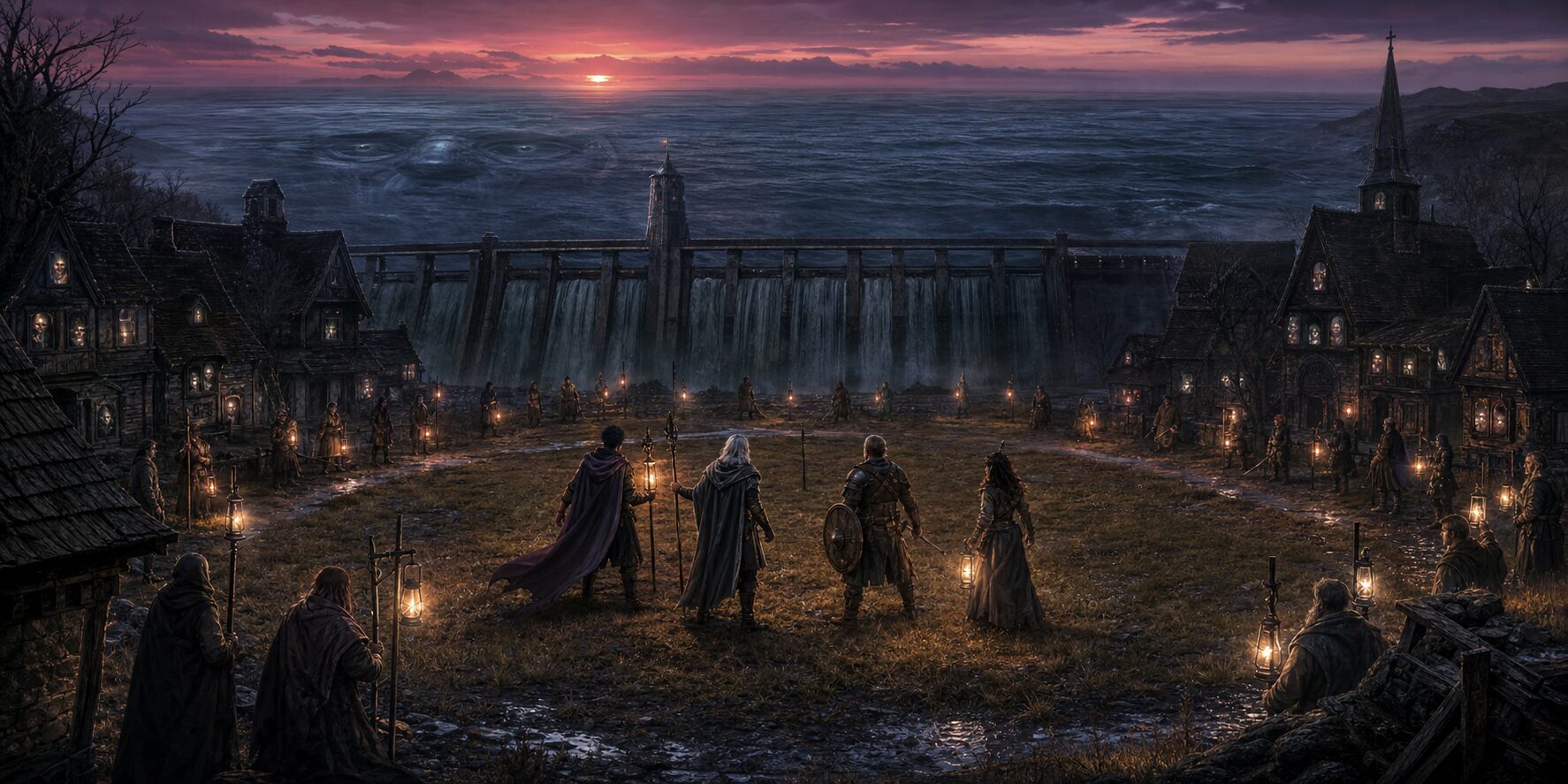 Adventurers and villagers form a lantern defense circle at sunset while a vast face appears beneath the rising reservoir beside Hollowmere's dam.