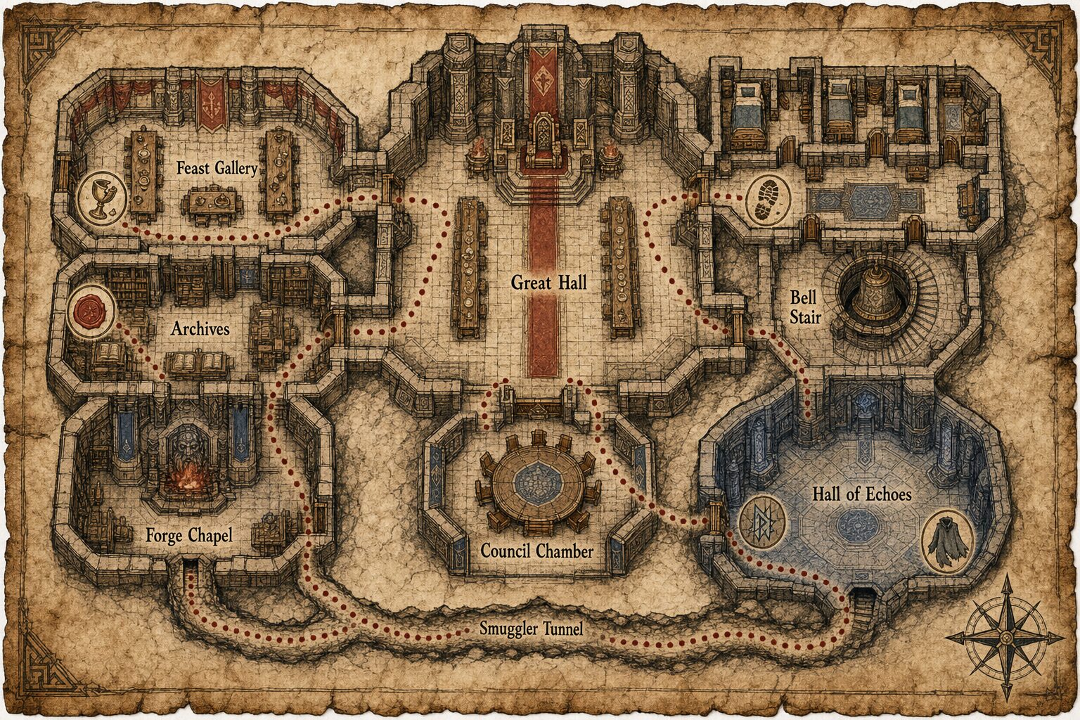 Parchment map showing the Great Hall, Feast Gallery, Archives, Forge Chapel, Guest Quarters, Council Chamber, Bell Stair, Hall of Echoes, and Smuggler Tunnel.