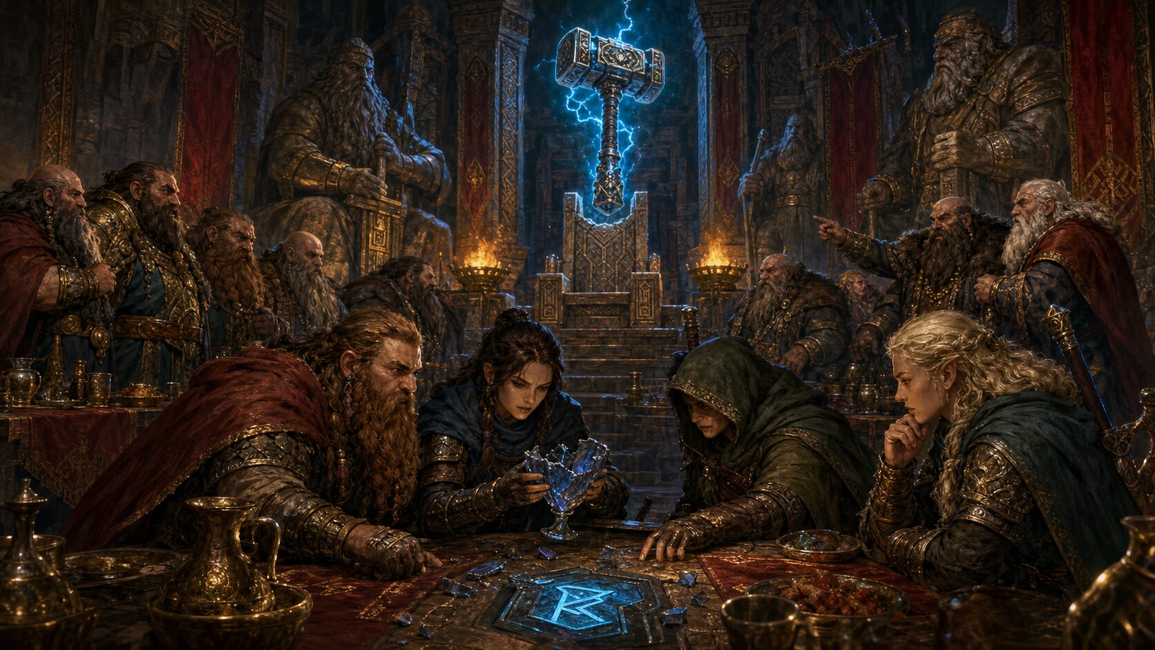Adventurers investigate a shattered stormglass goblet and hidden rune during a tense dwarven coronation feast beneath the recovered Hammer of Grondar.