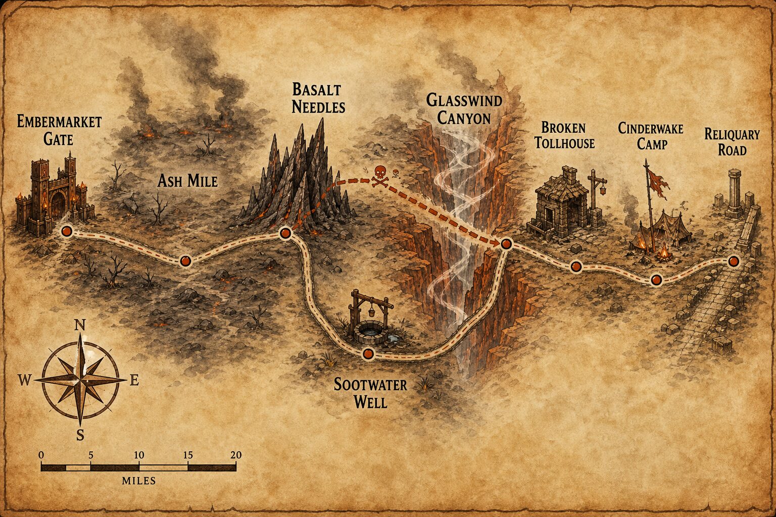 Labeled route map from Embermarket Gate through the Ash Mile, Basalt Needles, Sootwater Well, Glasswind Canyon, Broken Tollhouse, Cinderwake Camp, and Reliquary Road.