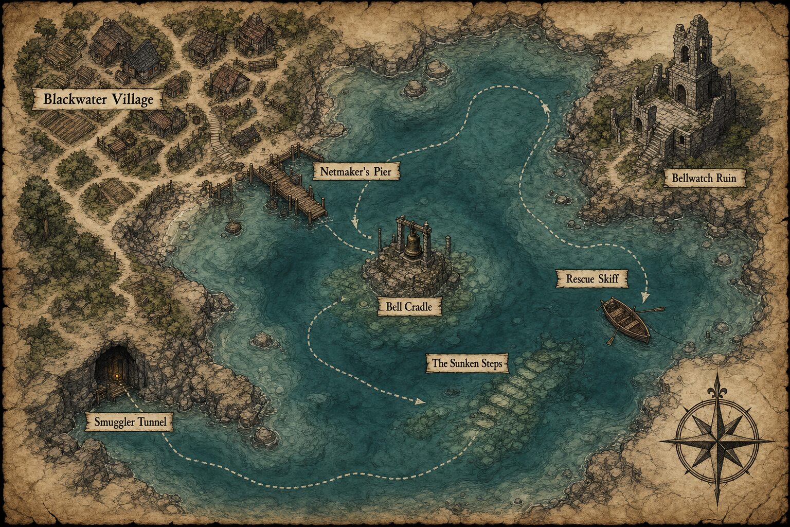 Labeled map of Blackwater Village, Netmaker's Pier, Bellwatch Ruin, Rescue Skiff, Sunken Steps, Bell Cradle, and Smuggler Tunnel.