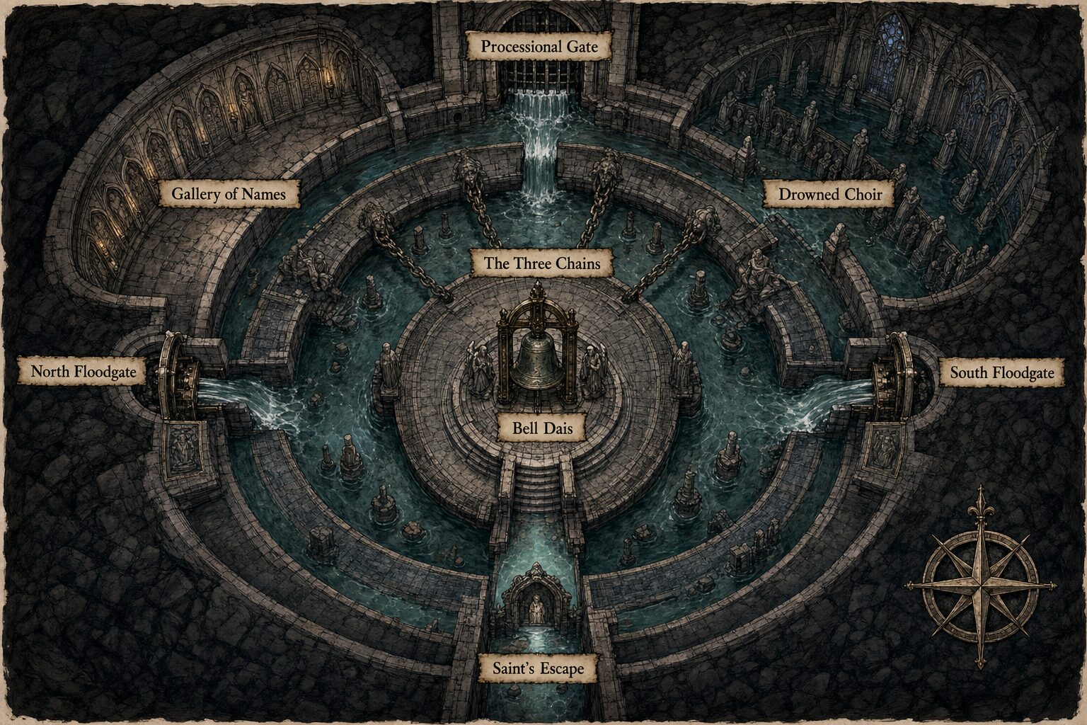 Labeled circular map of the Processional Gate, Gallery of Names, two floodgates, Three Chains, Drowned Choir, Bell Dais, and Saint's Escape.