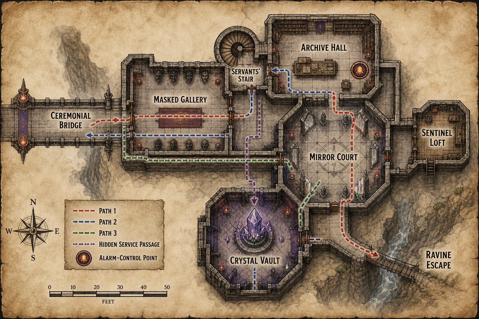 Labeled infiltration map of the Ceremonial Bridge, Masked Gallery, Servants' Stair, Archive Hall, Mirror Court, Sentinel Loft, Crystal Vault, and Ravine Escape.