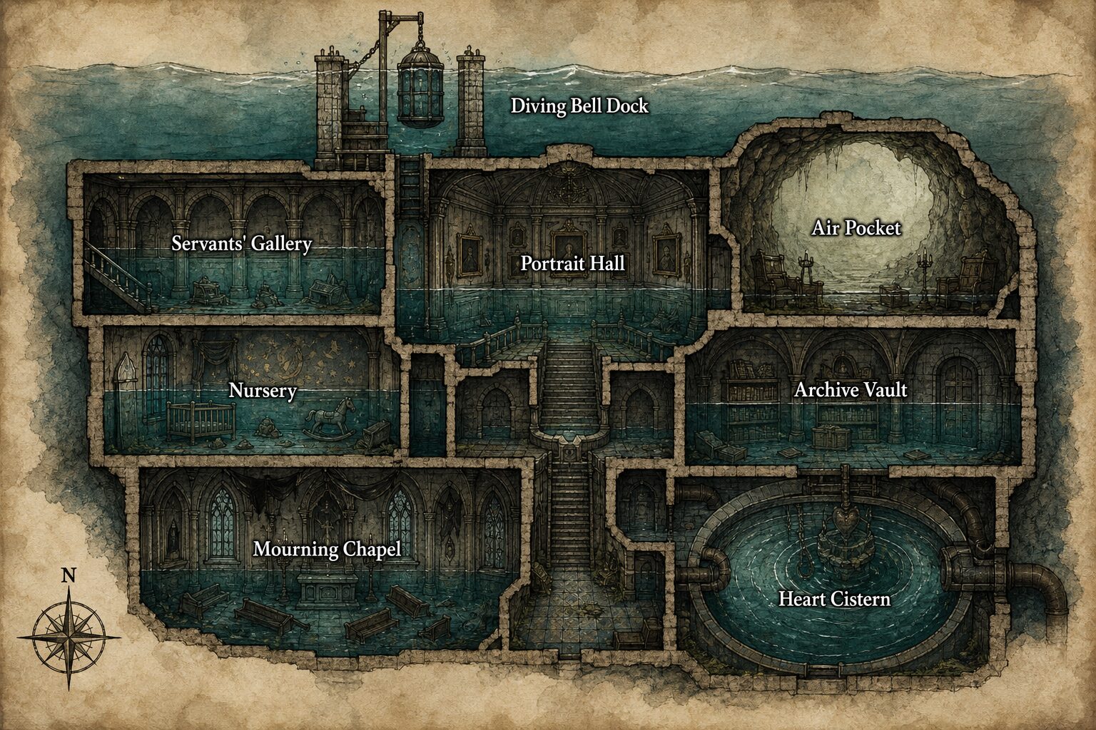 Cutaway labeled map of Hale House showing Diving Bell Dock, Servants' Gallery, Portrait Hall, Air Pocket, Nursery, Archive Vault, Mourning Chapel, and Heart Cistern.