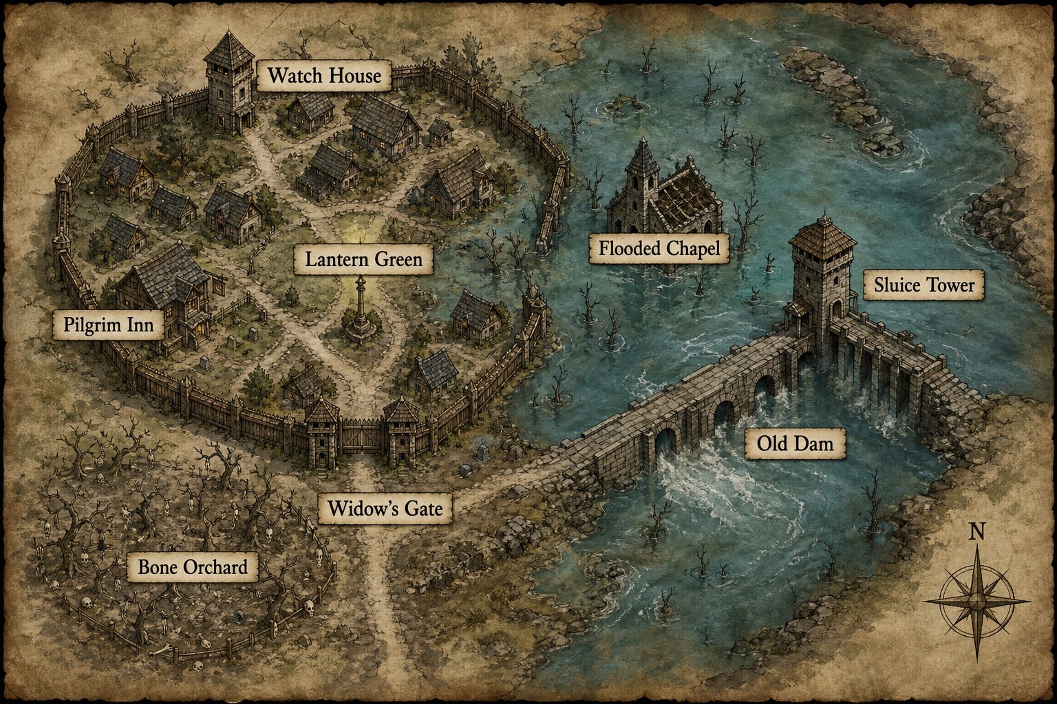 Labeled defense map of Hollowmere showing Watch House, Lantern Green, Pilgrim Inn, Flooded Chapel, Sluice Tower, Old Dam, Bone Orchard, and Widow's Gate.