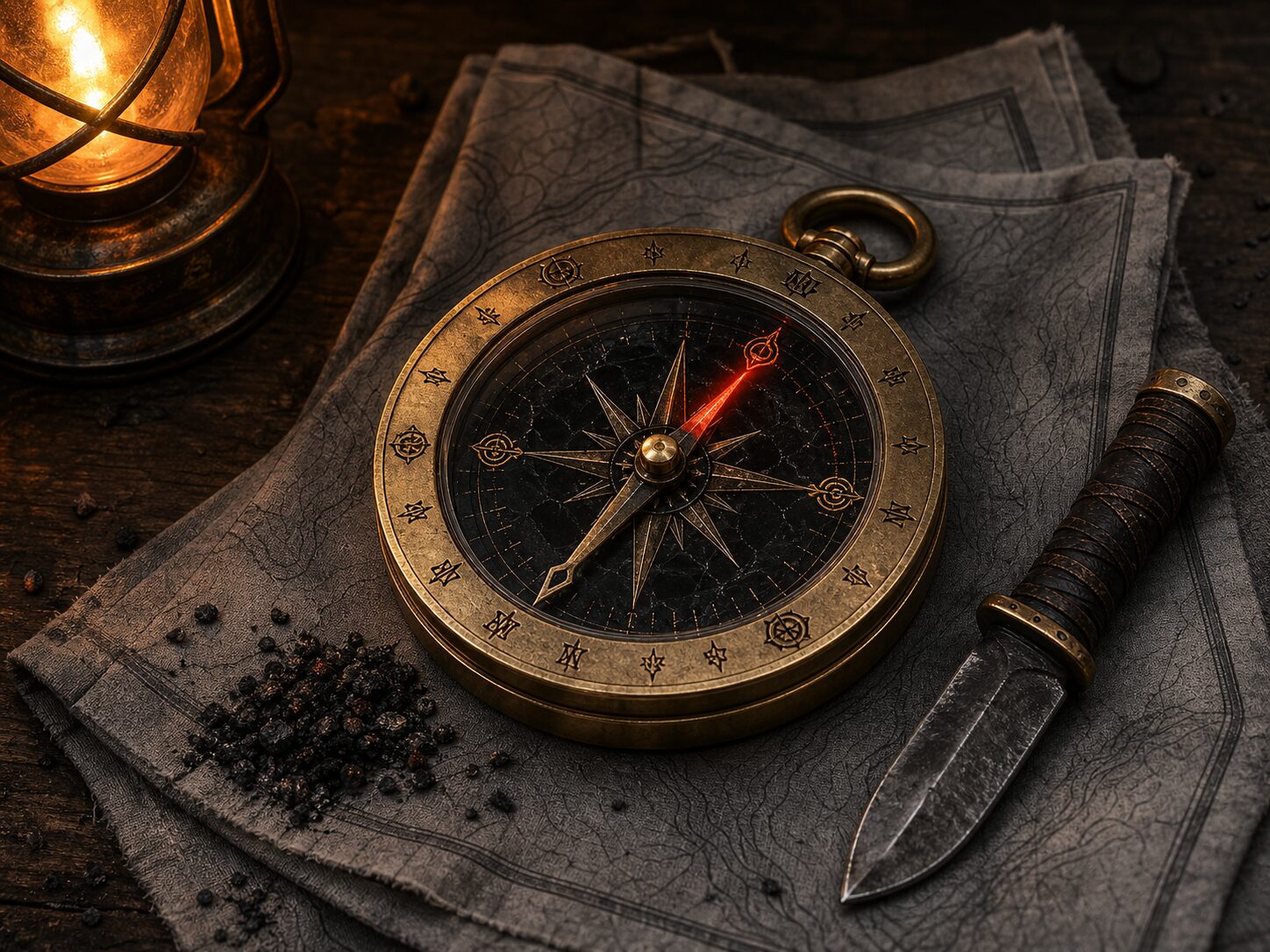 A brass Cinderwake Compass with an obsidian face and glowing red needle rests on an ash-gray map beside black sand.
