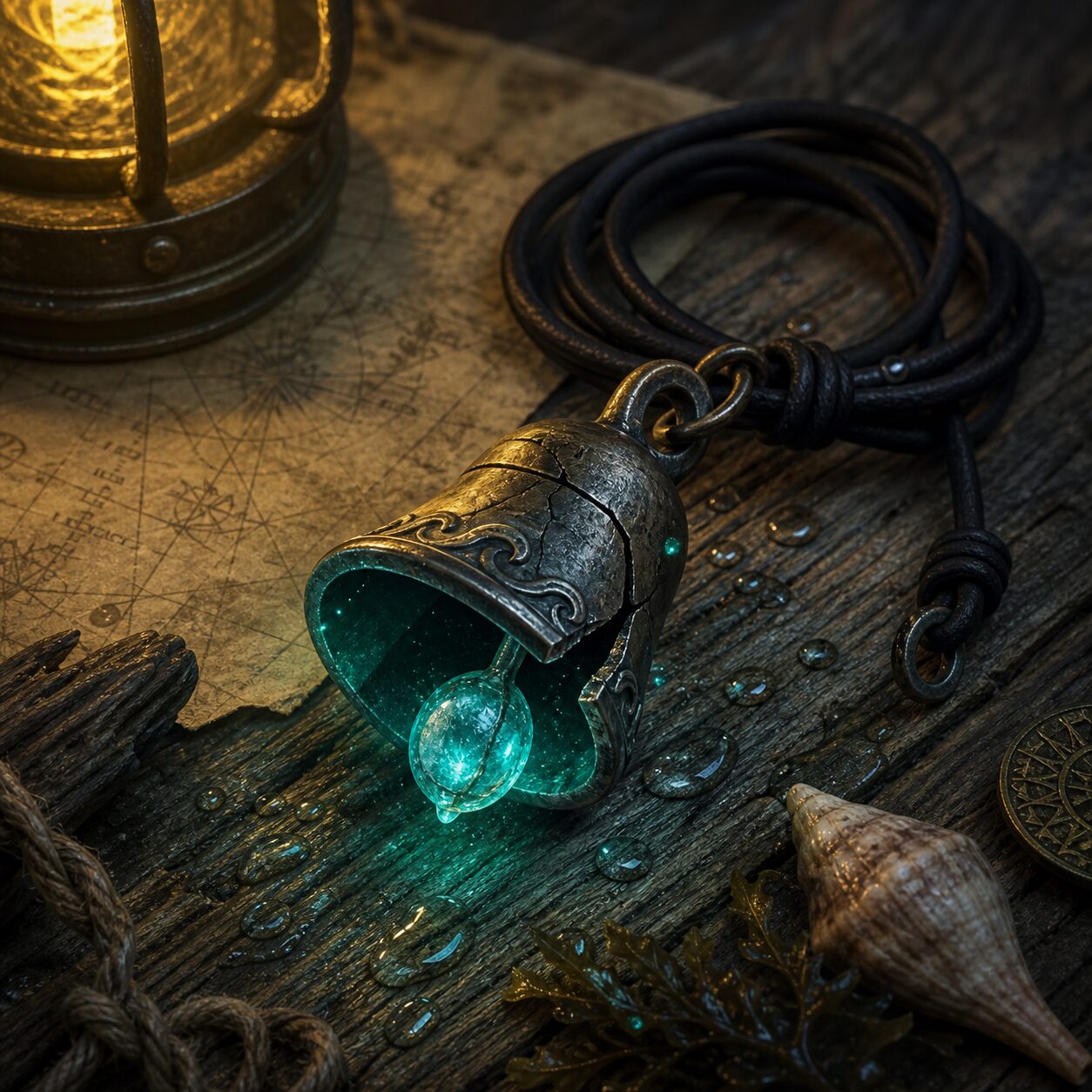 A cracked bronze Bellglass Charm with a glowing sea-glass clapper rests on a nautical chart beside a black cord.