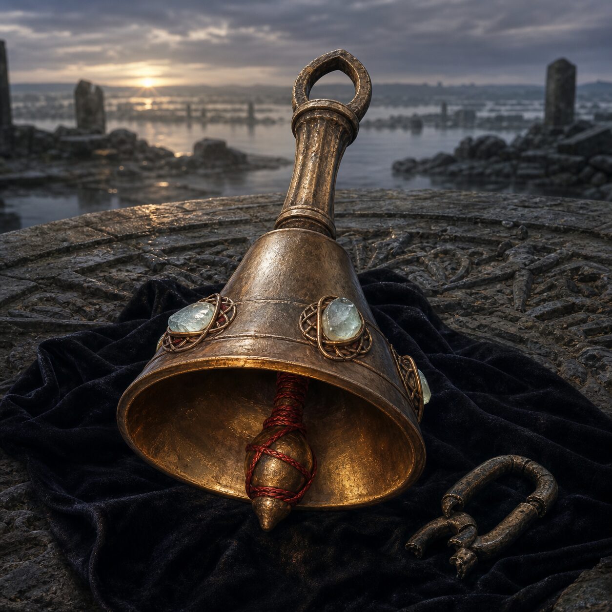 The bronze Dawnless Bell with pale sea glass and a red-wrapped clapper rests on black velvet beside a broken chain.