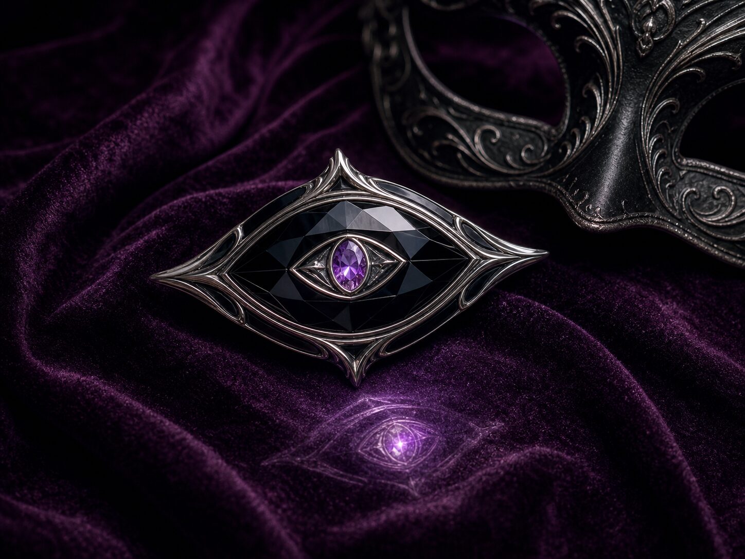 An obsidian-and-silver Mirrorcloak Brooch with a violet crystal rests on deep-plum velvet beside a masquerade mask.