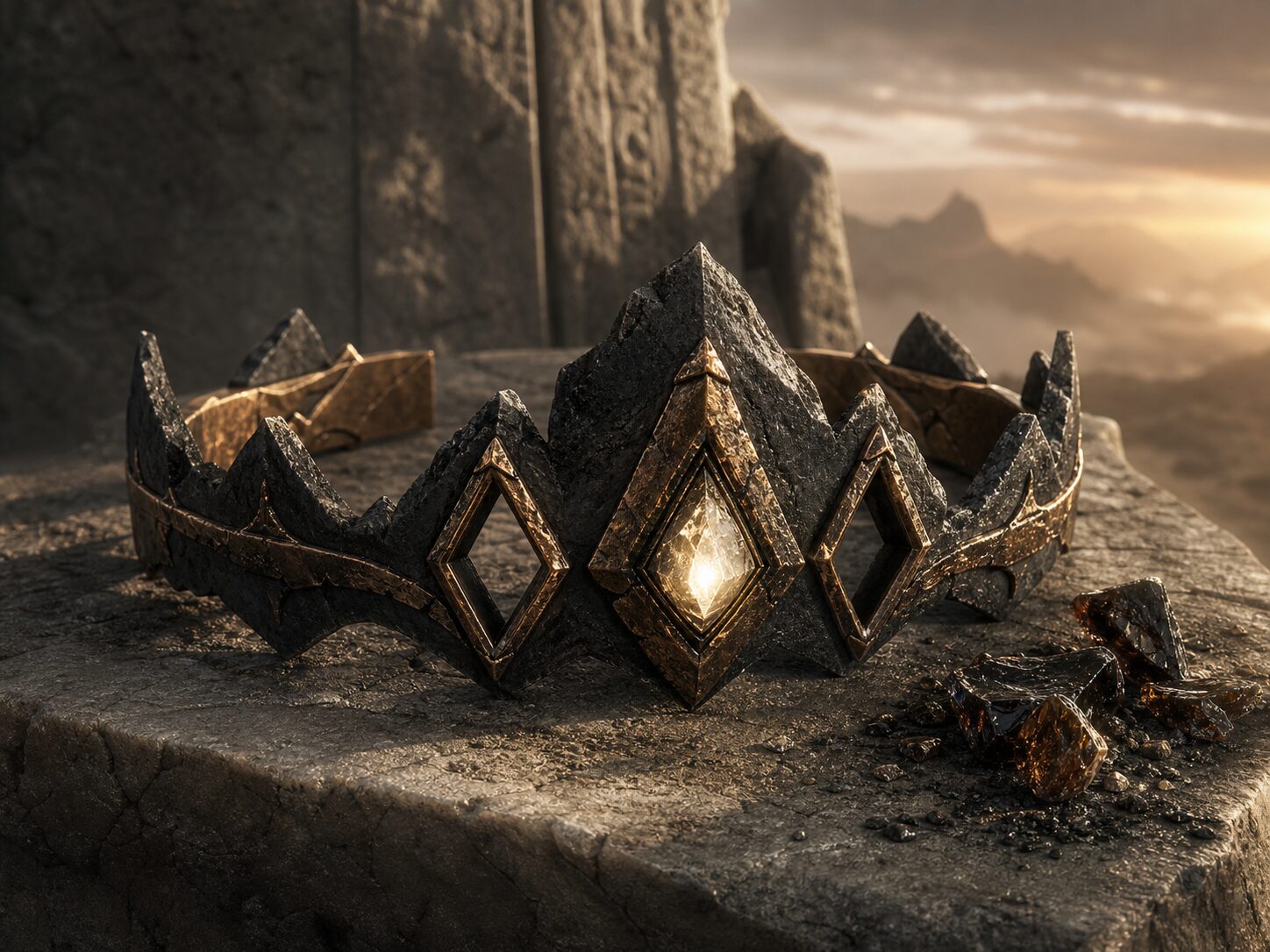 The safe incomplete Ashfall Circlet of basalt and bronze rests on cracked stone in warm dawn light.