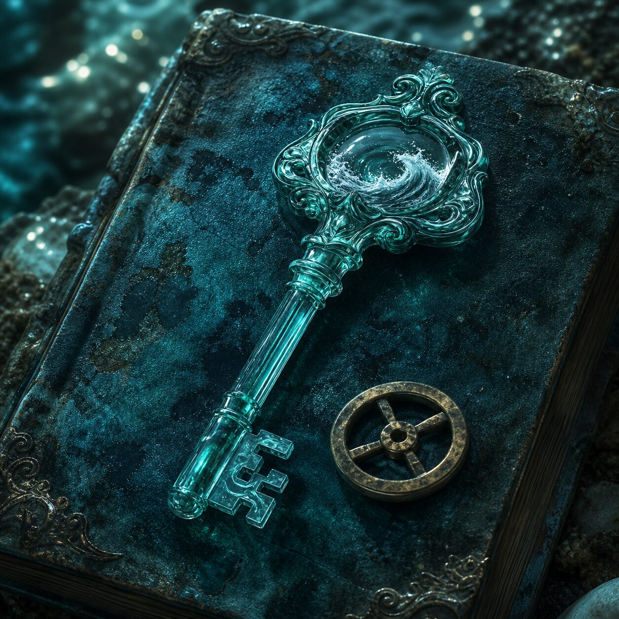 An ornate sea-green Tideglass Key containing a tiny wave rests on a water-stained ledger beside a brass valve token.