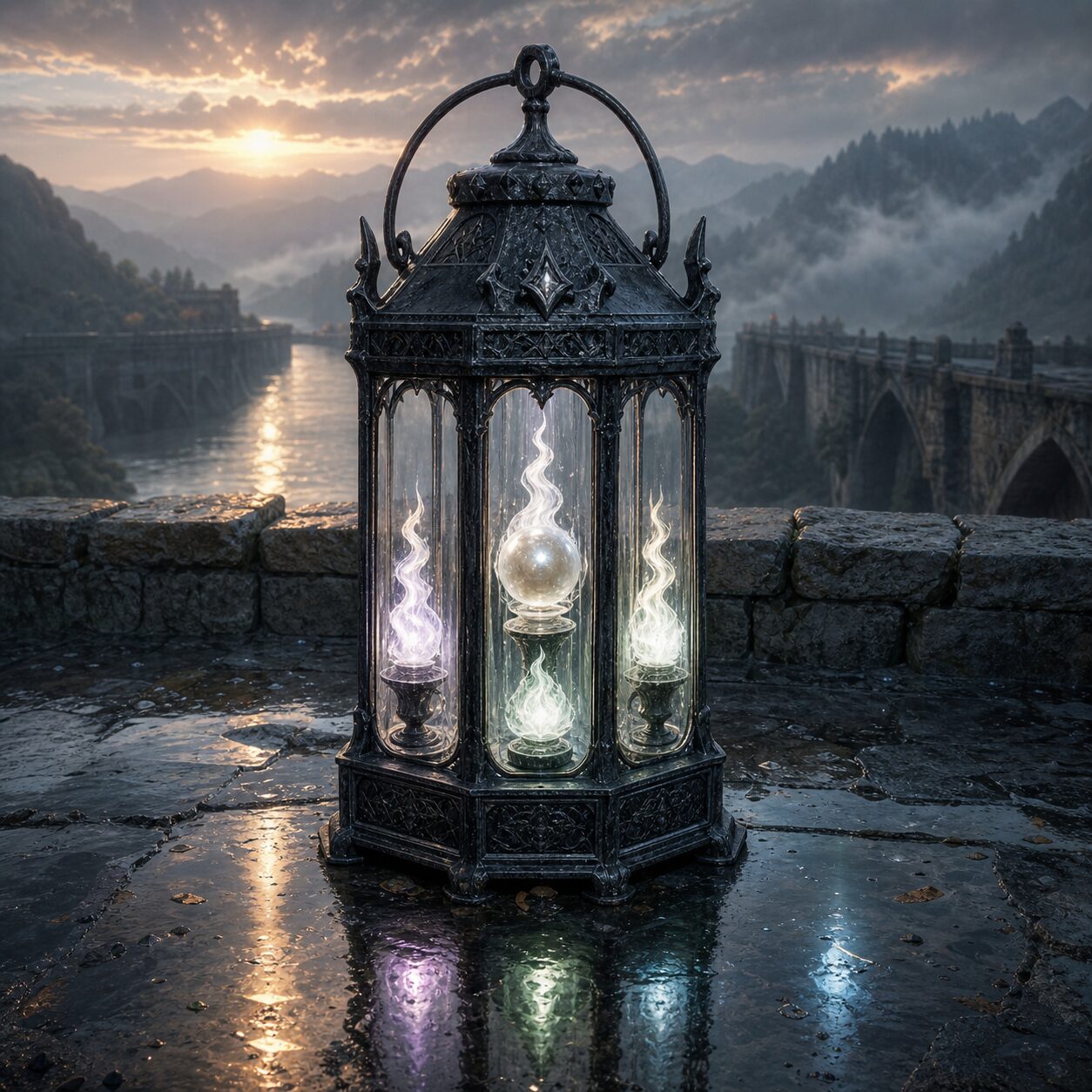 The black-silver Hollowmere Beacon holds four white flames around a river pearl on a rain-wet dam parapet at first light.