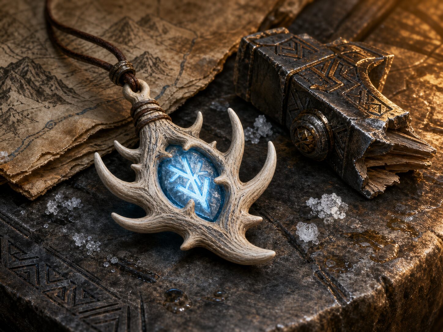 A frost-touched antler pendant containing a glowing blue rune rests beside a repaired fragment of a dwarven warhammer.