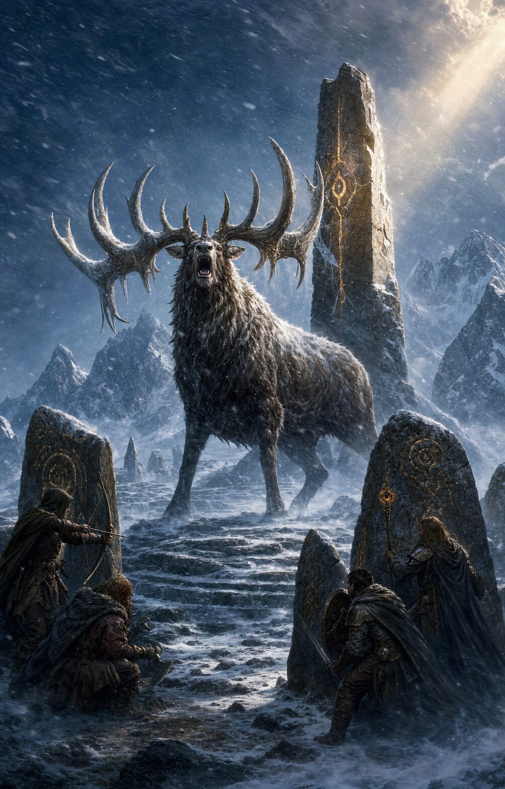 A colossal frost-covered elk confronts four adventurers among rune-carved stones at the Thunder Beacon.