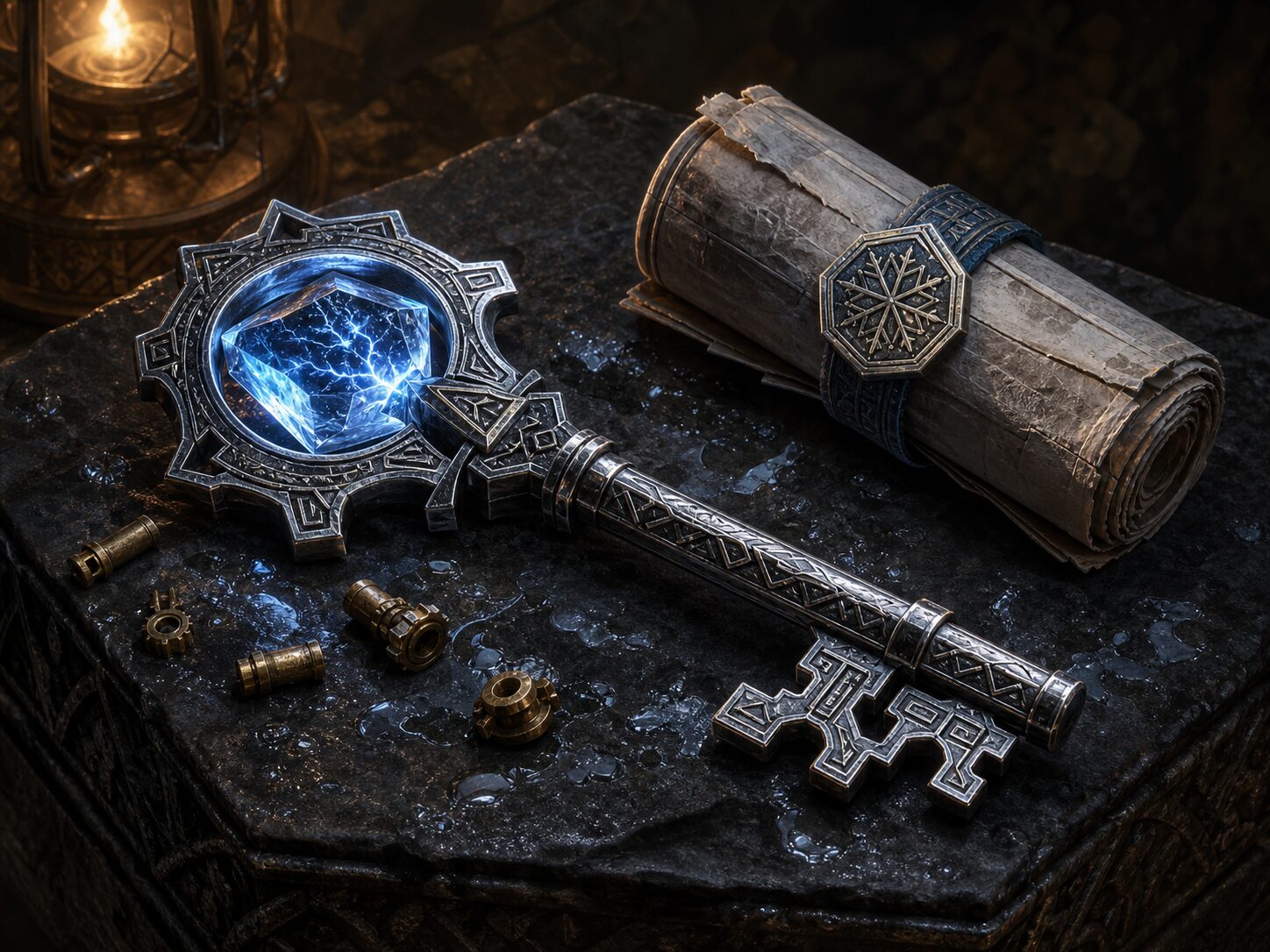 An ornate dark-silver dwarven key holding a lightning-filled blue crystal rests beside rescued vault plans.