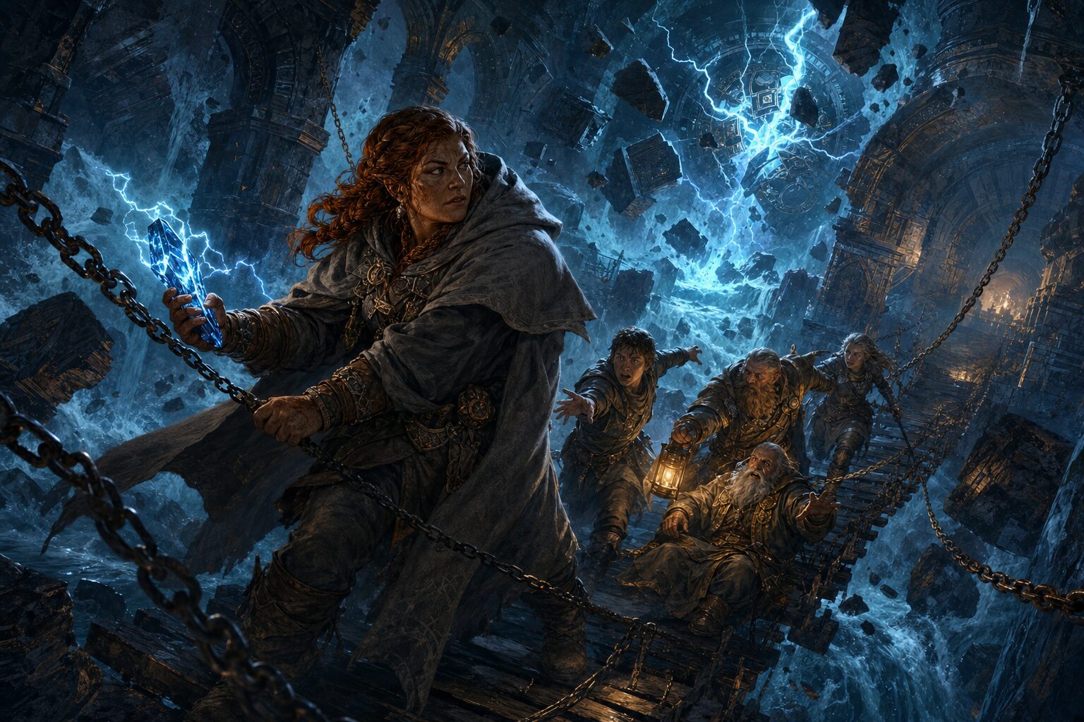 Veyra Soot grips the lightning-filled Stormglass Key on a collapsing chain bridge while adventurers rescue Bruni from the flooded vault.