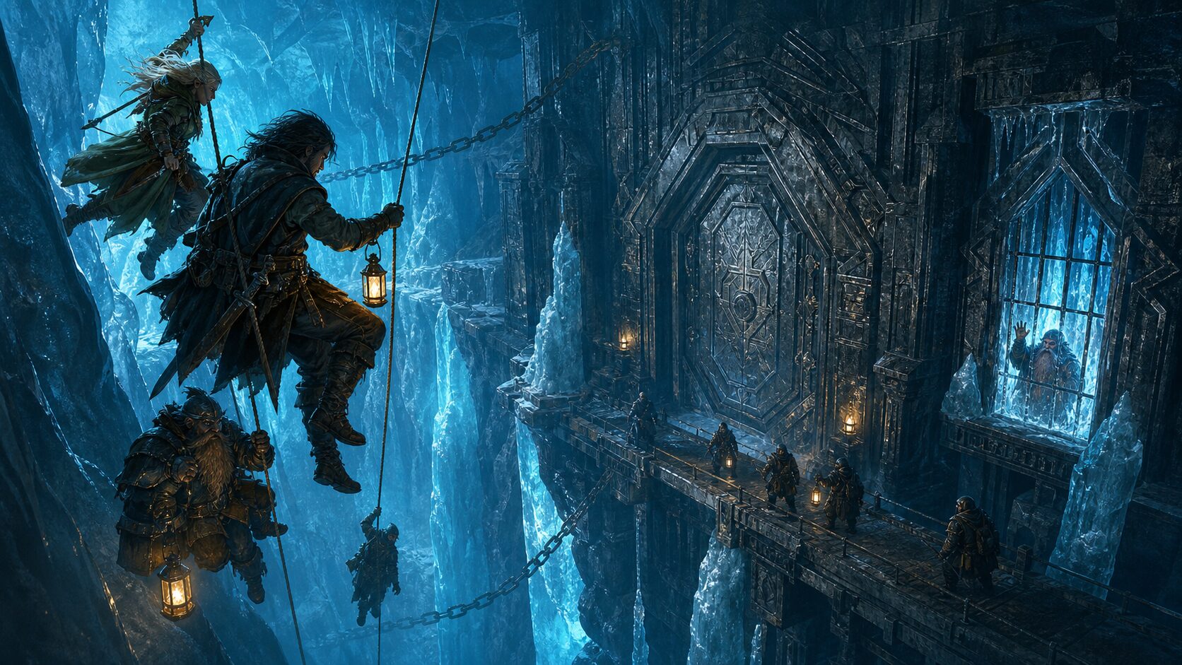Adventurers rappel through a blue glacial crevasse toward an ancient dwarven vault while rival treasure hunters patrol a bridge and a captive signals from a crystal window.