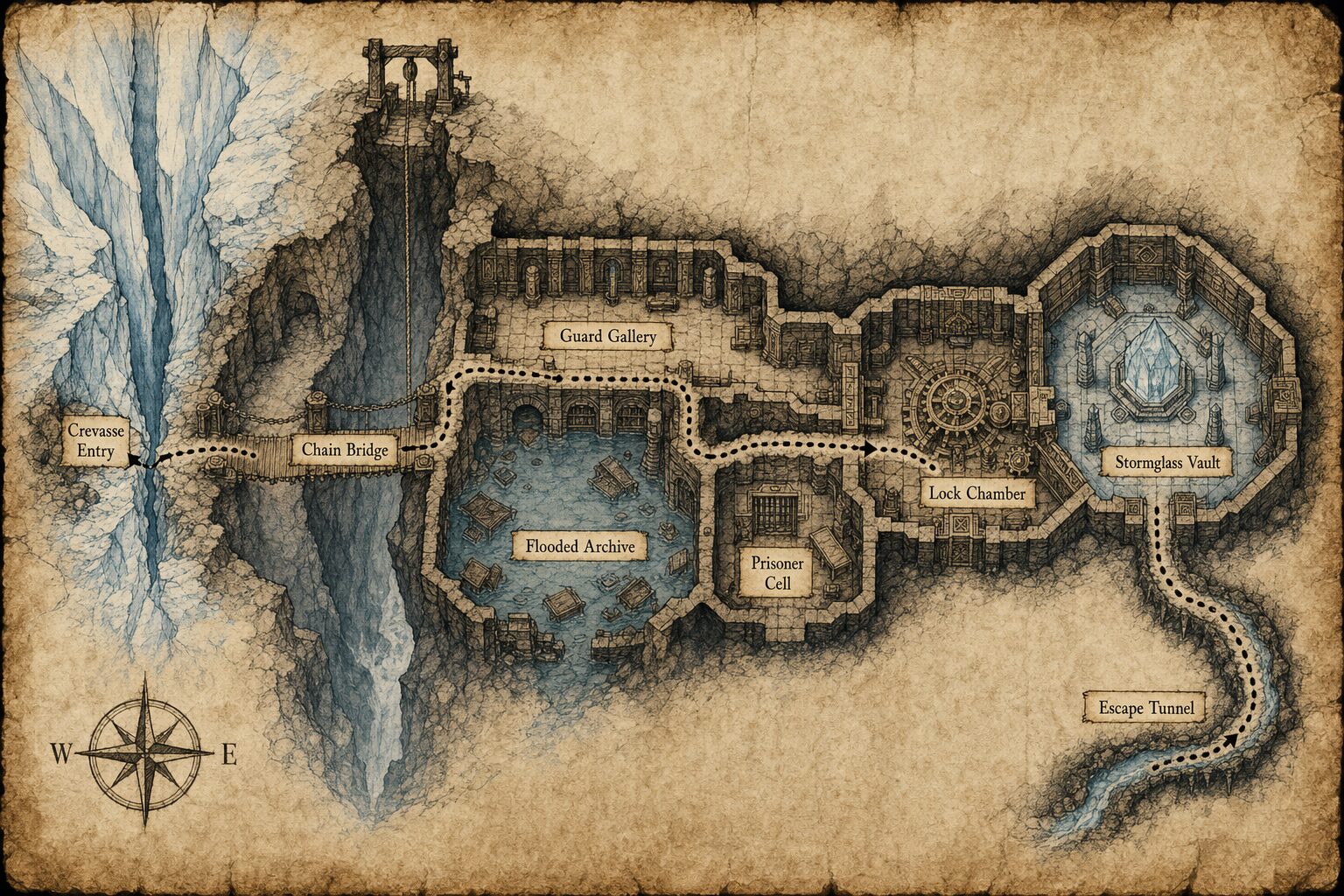 Parchment map showing the route from the Crevasse Entry through the Chain Bridge, Guard Gallery, Flooded Archive, Prisoner Cell, Lock Chamber, Stormglass Vault, and Escape Tunnel.