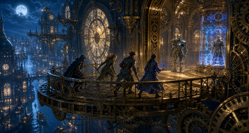 Adventurers cross a rotating balcony toward Sera Nox while Warden Helix patrols a moonlit clockwork embassy.