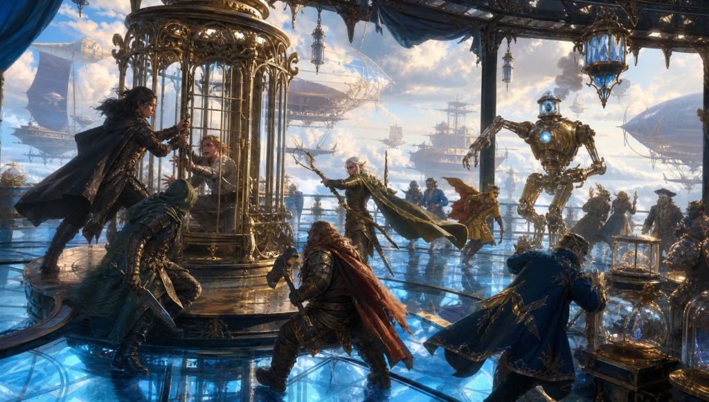 Adventurers free cartographer Iven Rook from a brass cage during a skyglass auction above the clouds.