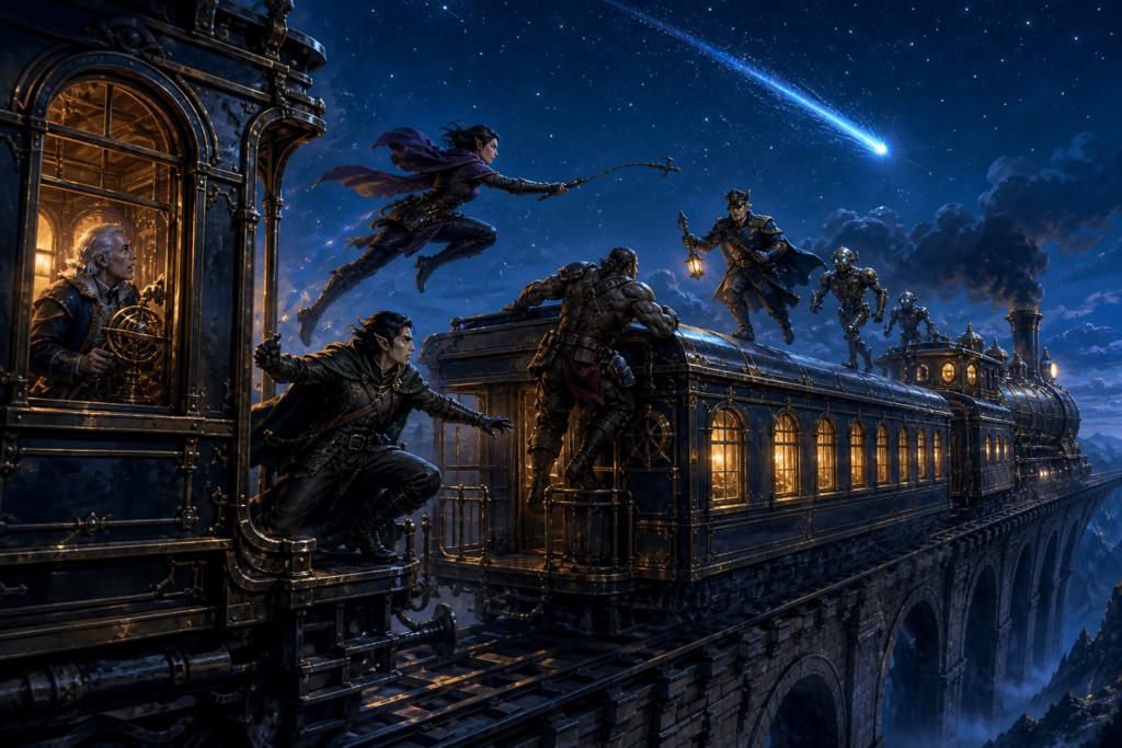 Adventurers cross the roof of the Midnight Meridian to rescue Lio Ardent beneath a bright comet.