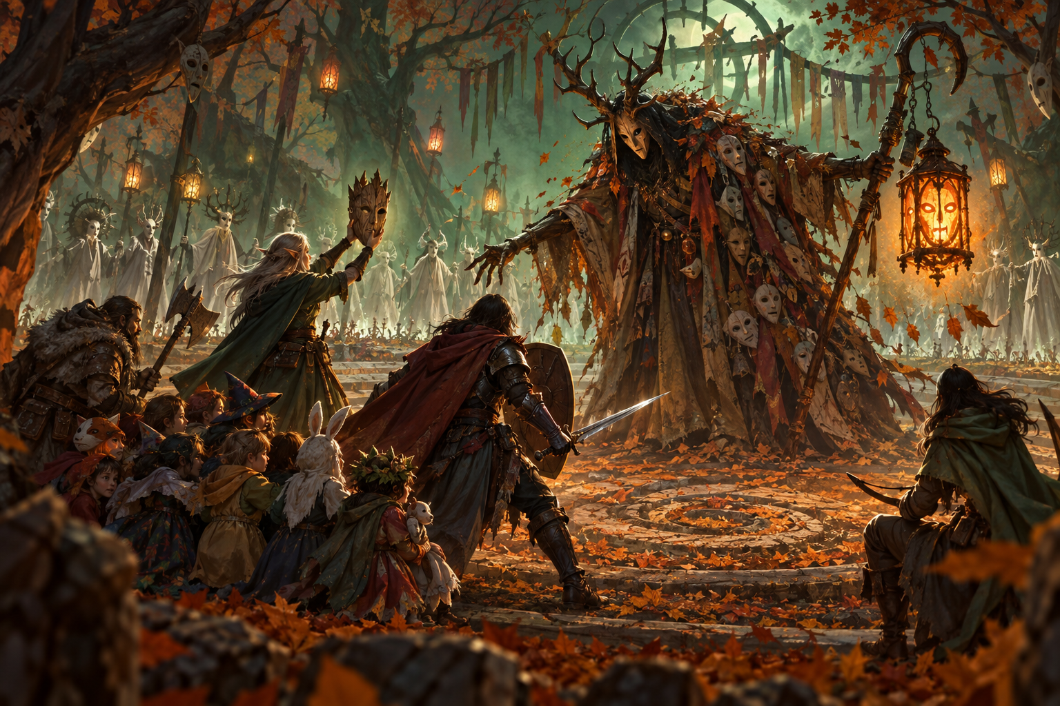 Heroes rescue costumed children as the Ragcloak Huntsman circles a glowing Hollow Lantern inside a ring of autumn trees.