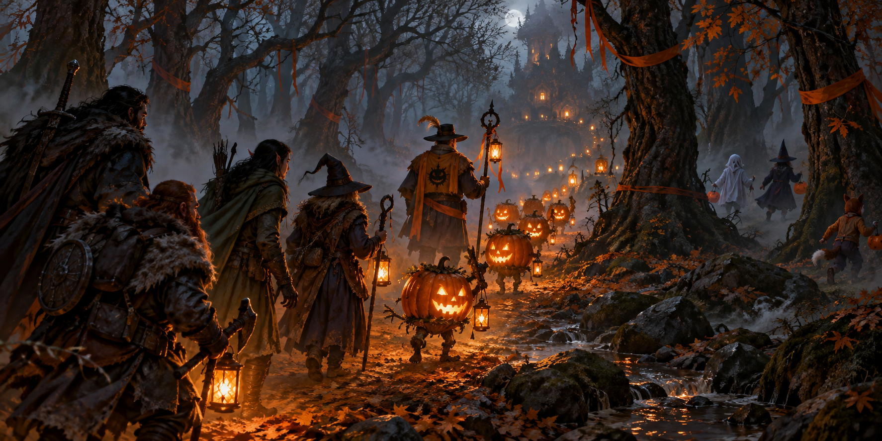 Adventurers follow a distant line of walking jack-o-lanterns through foggy Witchwood while costumed children vanish among the trees.