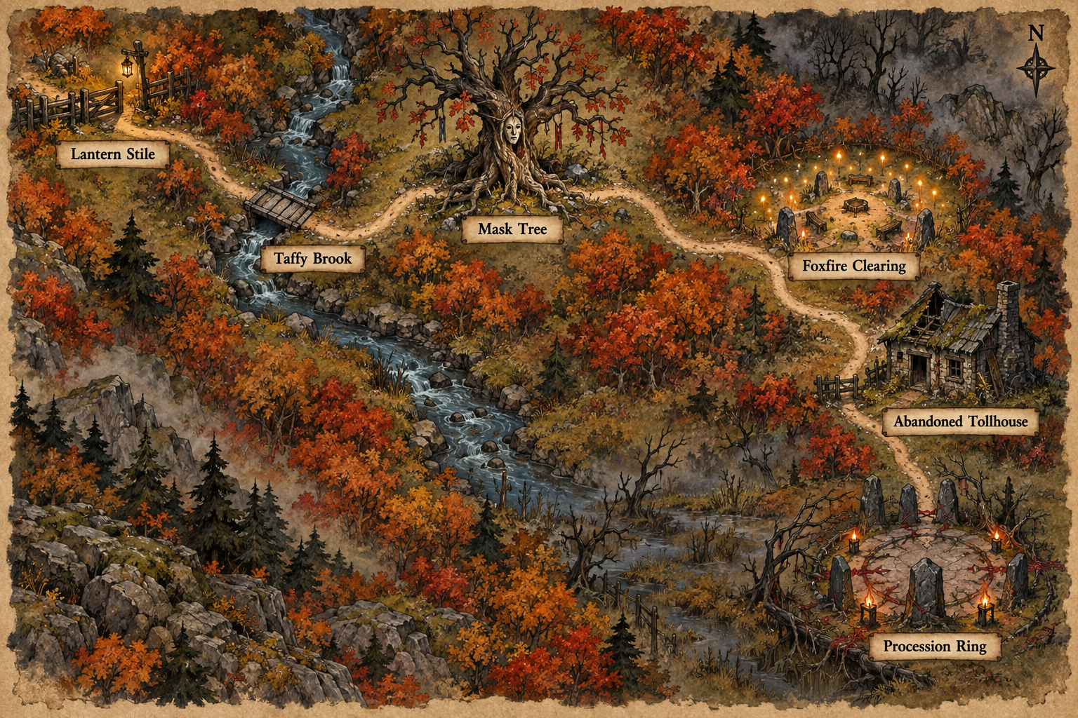Labeled route map of Witchwood showing Lantern Stile, Taffy Brook, Mask Tree, Foxfire Clearing, Abandoned Tollhouse, and Procession Ring.