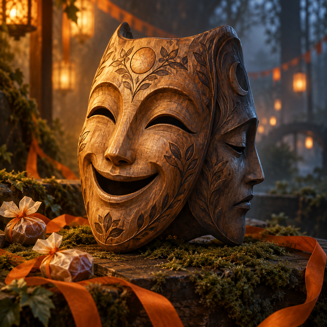 A two-sided carved wooden Mask of the Homeward Face rests among orange trail ribbons and wrapped sweets.